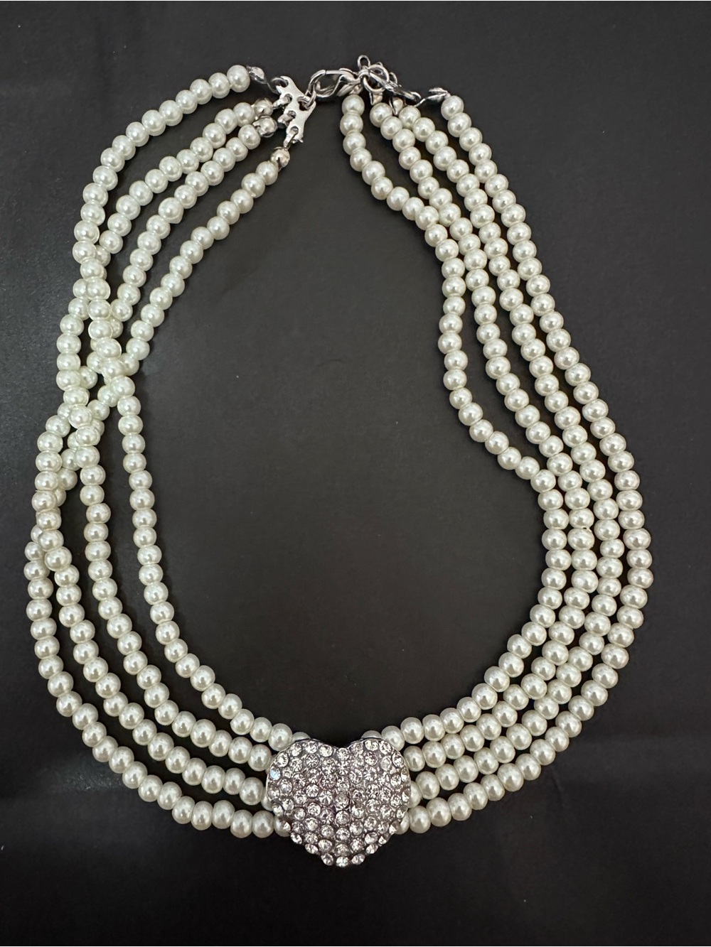 Pearl Multi-Strand choker style Necklace with Crystal Heart costume jewellery